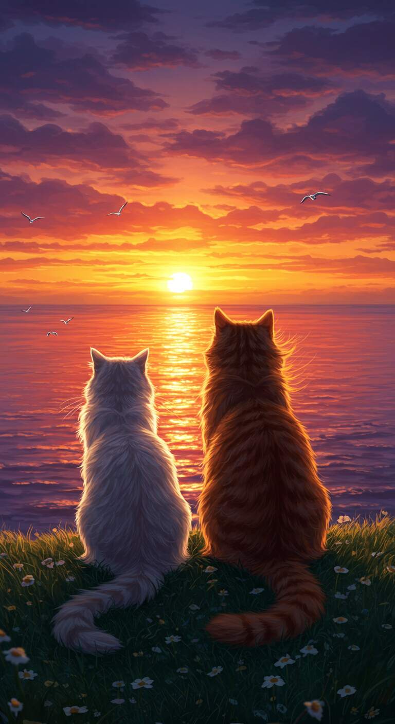 Cat Couple Art at Sunset Beach Cliff