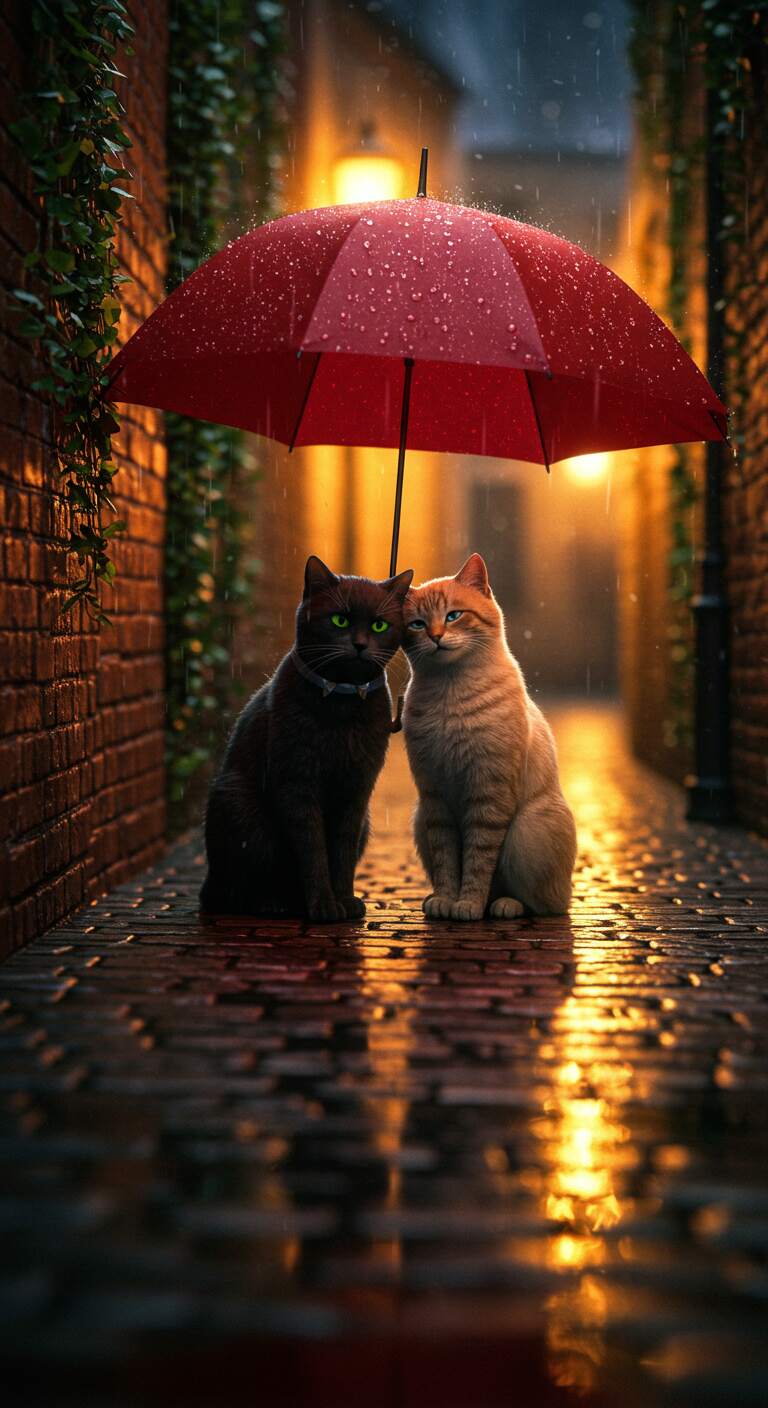 Cat Couple Art in Rainy Alleyway Romance
