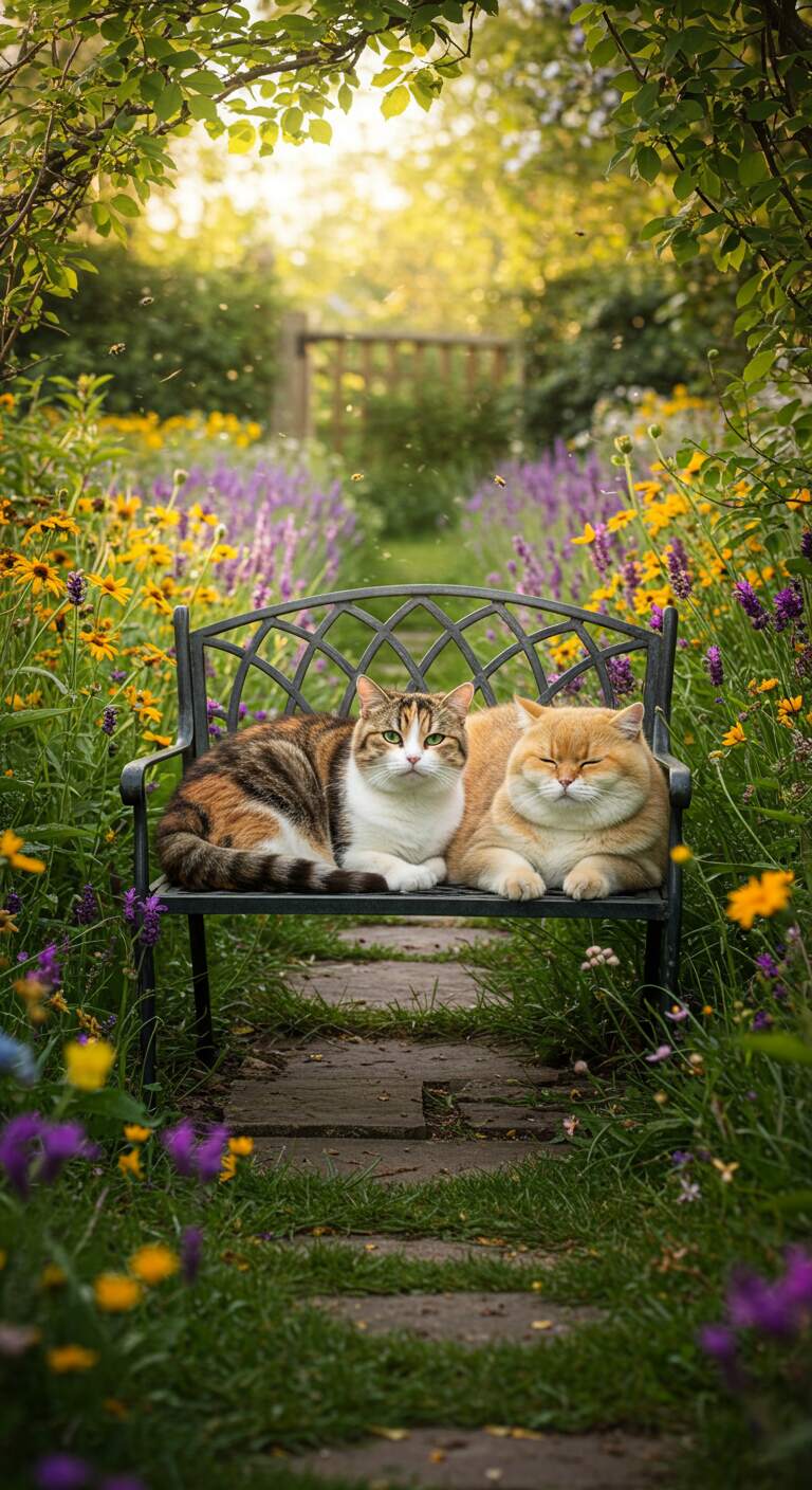 Cat Couple Art in a Sunlit Garden Bench