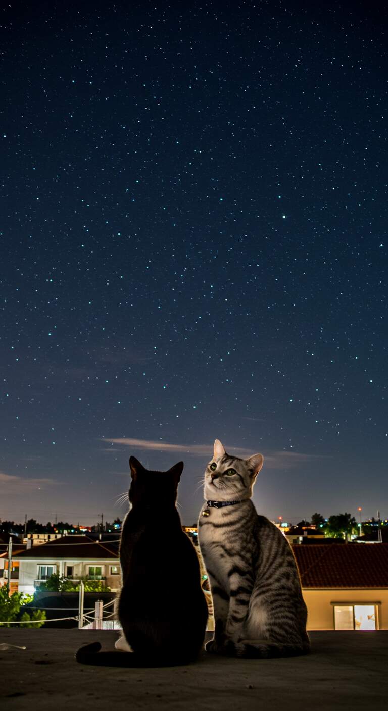 Cat Couple Art under the Stars on Rooftop
