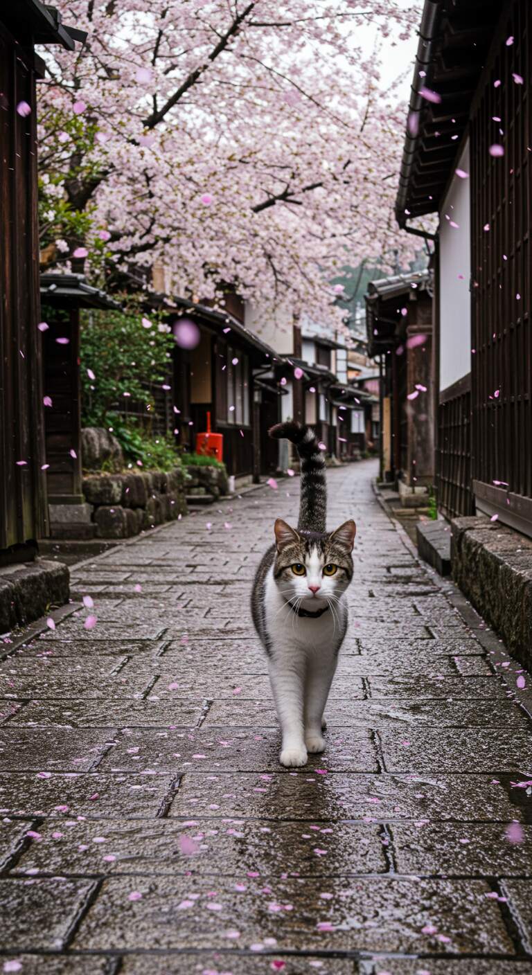 Cats in Spring Cats in Spring Alley with Sakura Rain