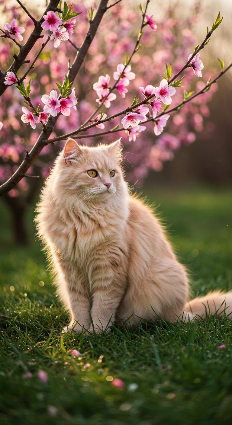 Cats in Spring Cats in Spring Garden with Blossoming Peach Trees