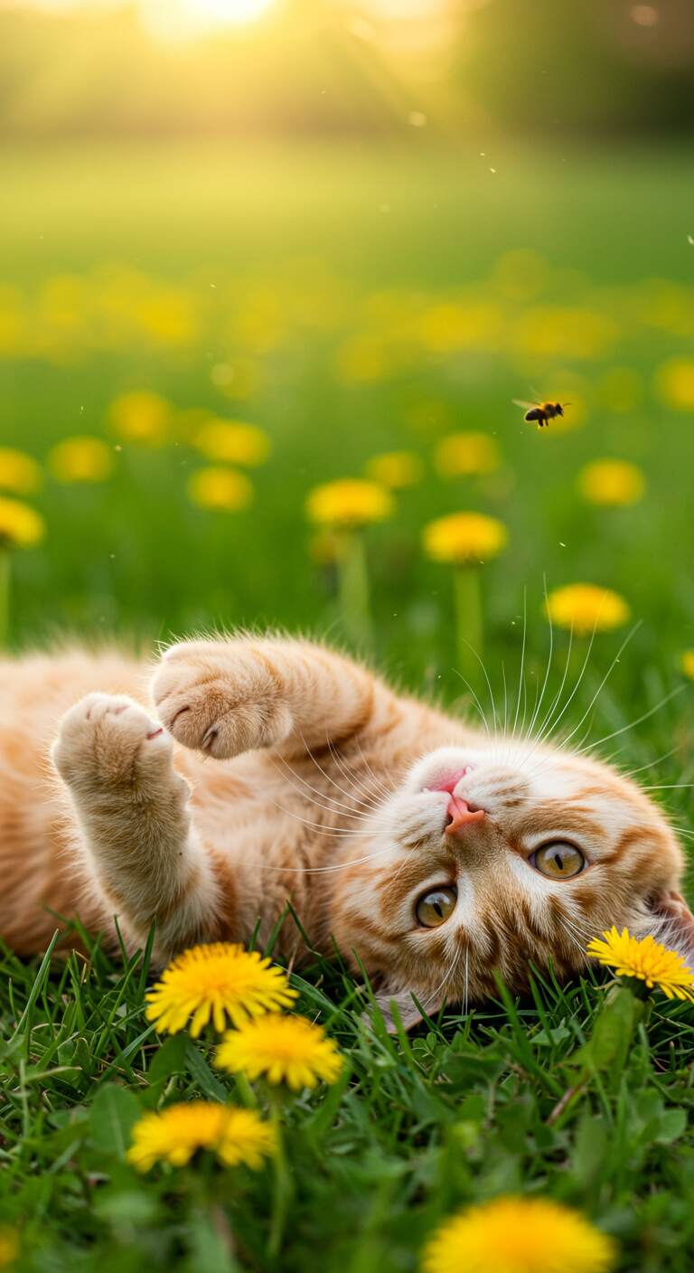Cats in Spring Cats in Spring Meadow with Dandelions