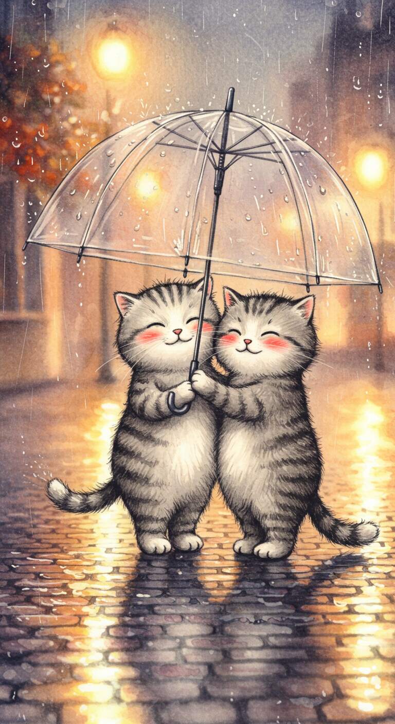 Cute Cats in Love Drawing Under the Rain