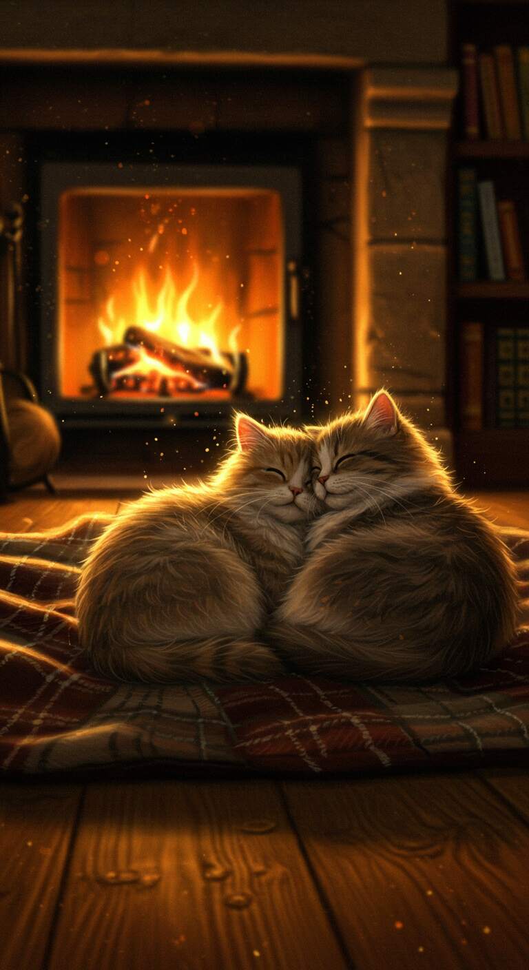 Cute Cats in Love Drawing by the Fireplace