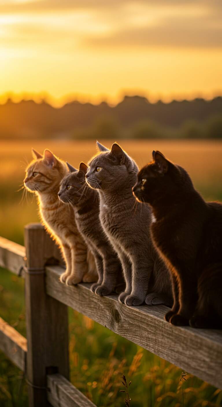 Four Cats Together Under Golden Sunset