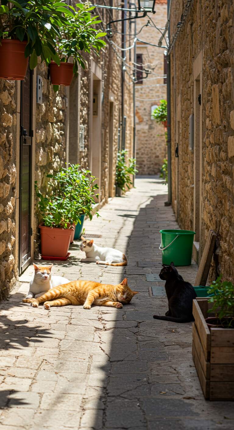 Four Cats Together in a Sunlit Alley