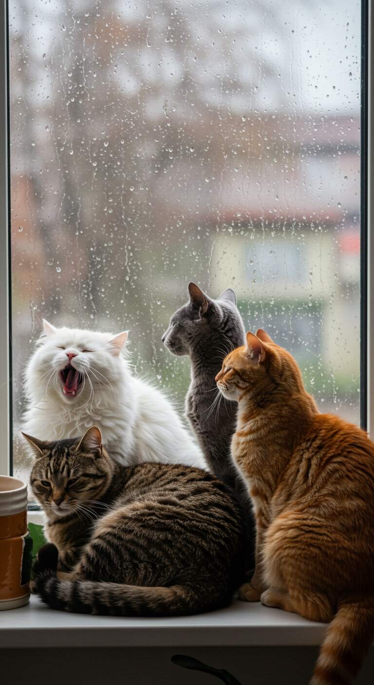 Four Cats Together on a Rainy Day Windowsill